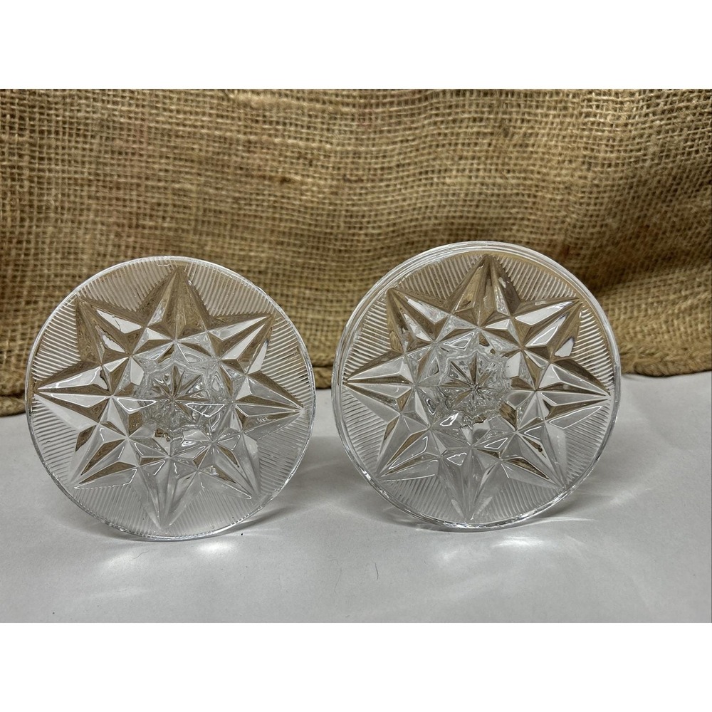 Set of 2 Clear Crystal Glass Candle Holders Eight Point Star And Diamond‎ Design - Picture 6 of 9